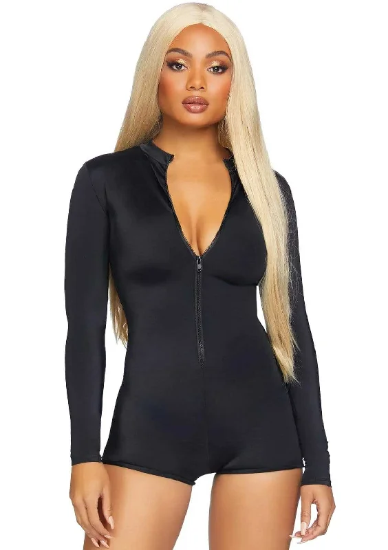 high-cut velvet panties-Zipper Front Long Sleeved Matte Romper - Small -  Black