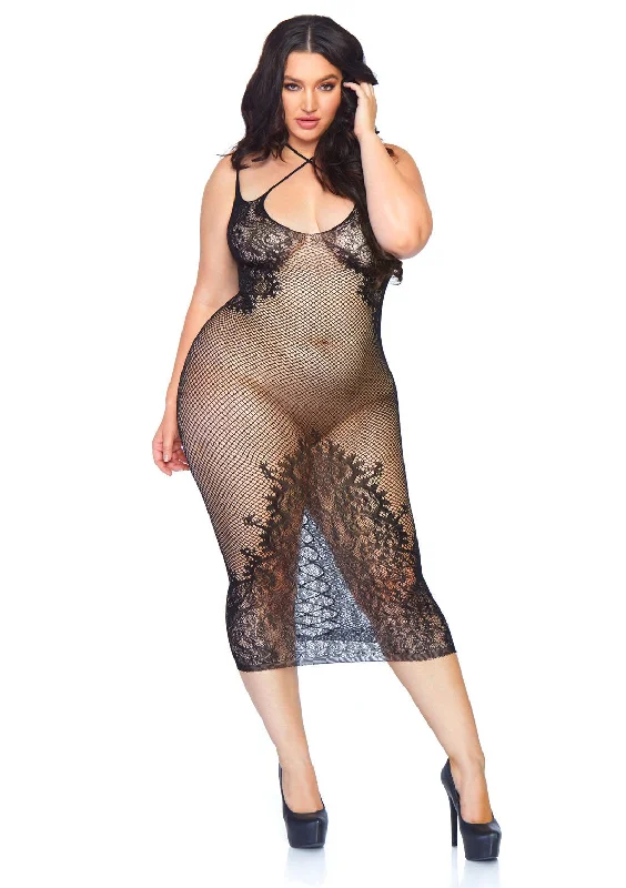 fishnet thong set-Fishnet Halter Dress - Queen Size - Black