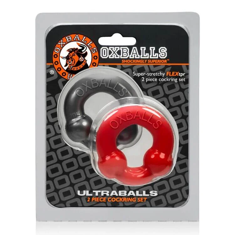 cock ring intense grip-Oxballs Ultra Balls Cock Ring 2 Pack - Steel/Red, Flex-TPR, Super Stretchy