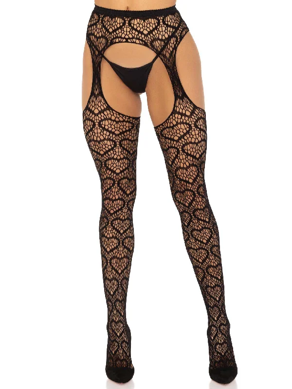 soft modal sleepwear-Heart Net Suspender Pantyhose - One Size - Black