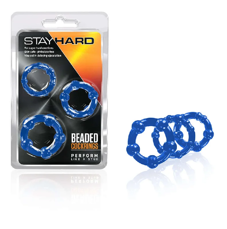 cock ring discreet design-Stay Hard Beaded 3 Pc Cock Rings Blue