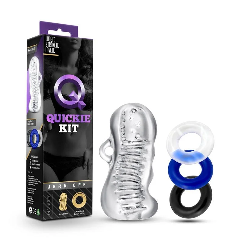 cock ring vibrant grip-Quickie Kit Jerk Off Stroker & 3-Piece Cockring Set Clear