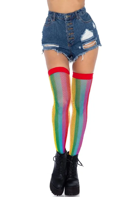 men’s cotton jockstrap-Rainbow Fishnet Thigh Highs - One Size - Multicolor