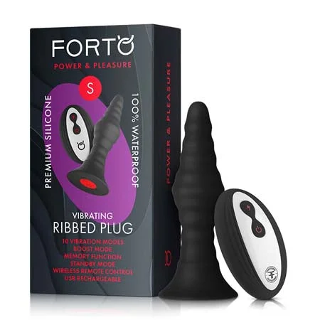 anal toys with firm shaft-Forto Vibrating Ribbed Plug Rechargeable Remote-Controlled Silicone Anal Plug Small Black