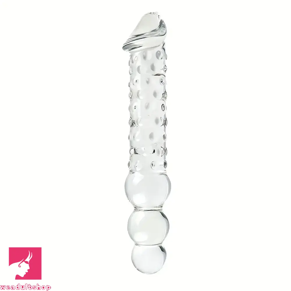 Penis-poor-11.81in Glass Clear Big Double Headed Spiked Dildo With Butt Beads