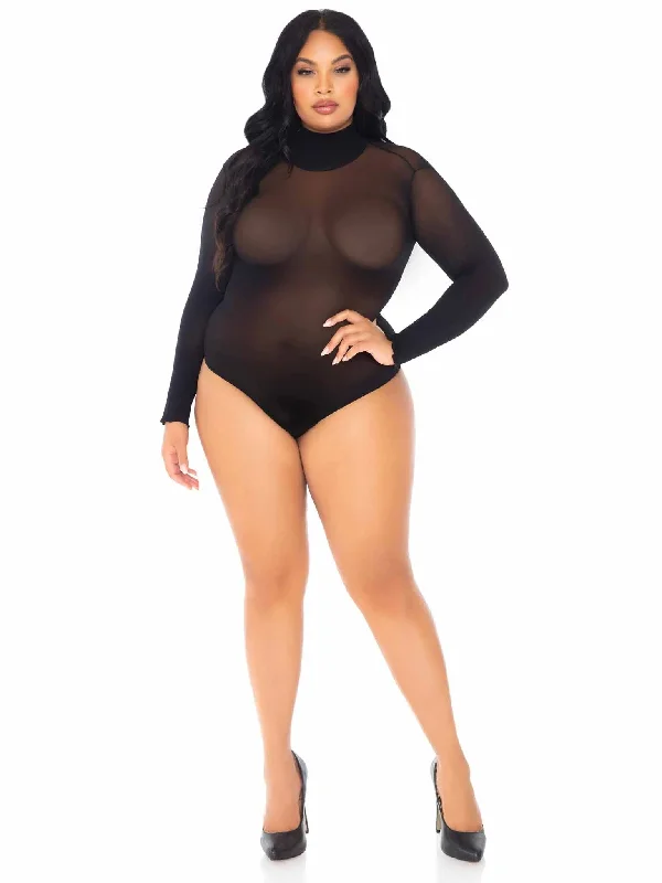 breathable cotton briefs-Opaque High Neck Long Sleeve Bodysuit With Snap  Crotch - 1x/2x - Black