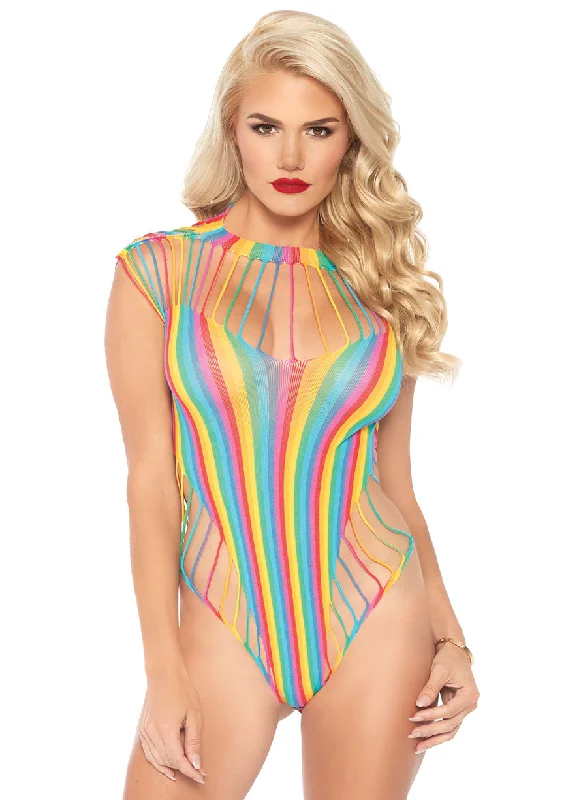 fishnet bra set-Shredded Opaque Cut Out Teddy - One Size - Rainbow