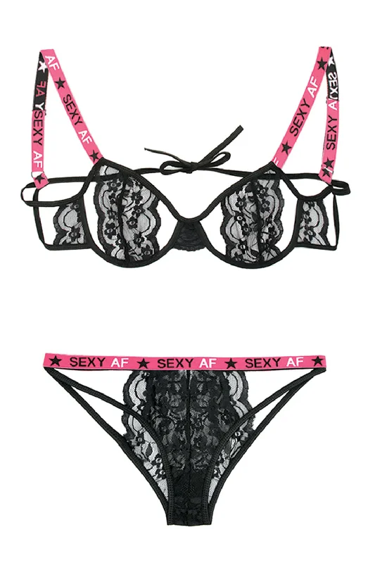 lace teddy set-Sexy Af Cutout Bra & Panty Set - Pink/black - L/xl