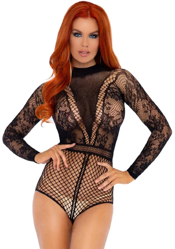 strapless bra red-Lace and Fishnet Bodysuit - One Size - Black