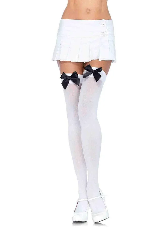 sheer black nightie-Nylon Thigh Highs With Bow - One Size - White / Black