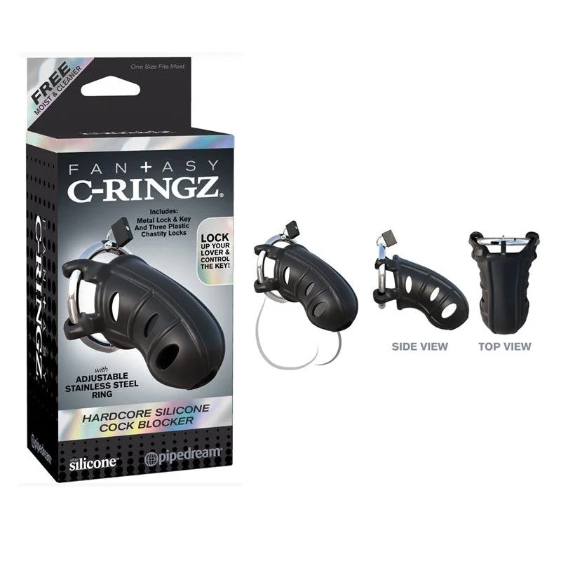 cock ring soft texture-Pipedream Fantasy C-Ringz Hardcore Silicone Cock Blocker Locking Chastity Cage Black