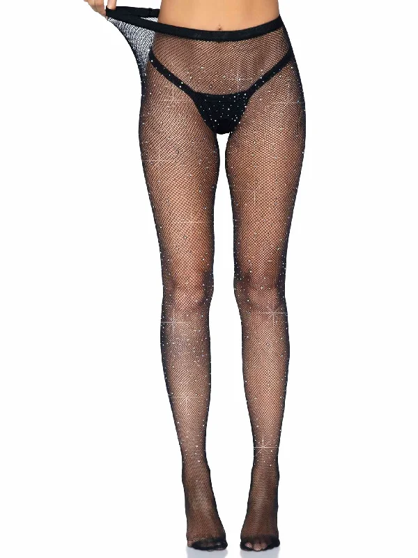 sexy devil lingerie-Rhinestone Fishnet Crotchless Tights - One Size -  Black