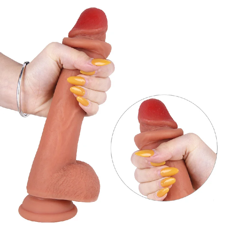 Penis-dark-G21 Lifelike Moving Foreskin Dual-Layer Liquid Silicone Suction Cup Dildo with Balls 8.3 Inch