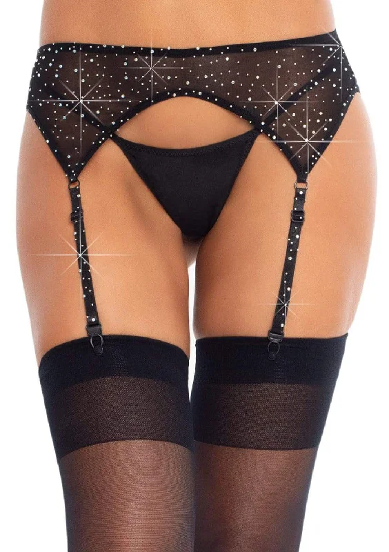 soft jersey briefs-Rhinestone Garter Belt - One Size - Black