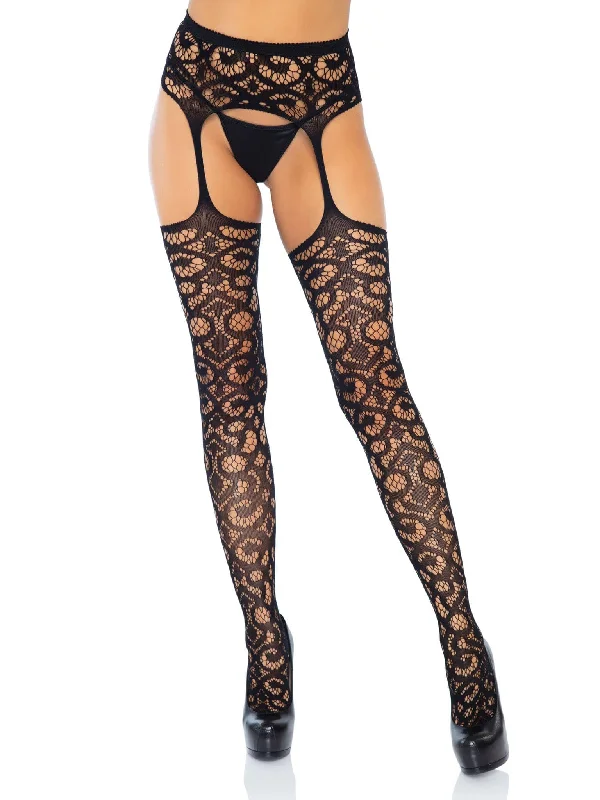 organic cotton briefs-Scroll Lace Stockings With Attached Garter Belt -  One Size - Black