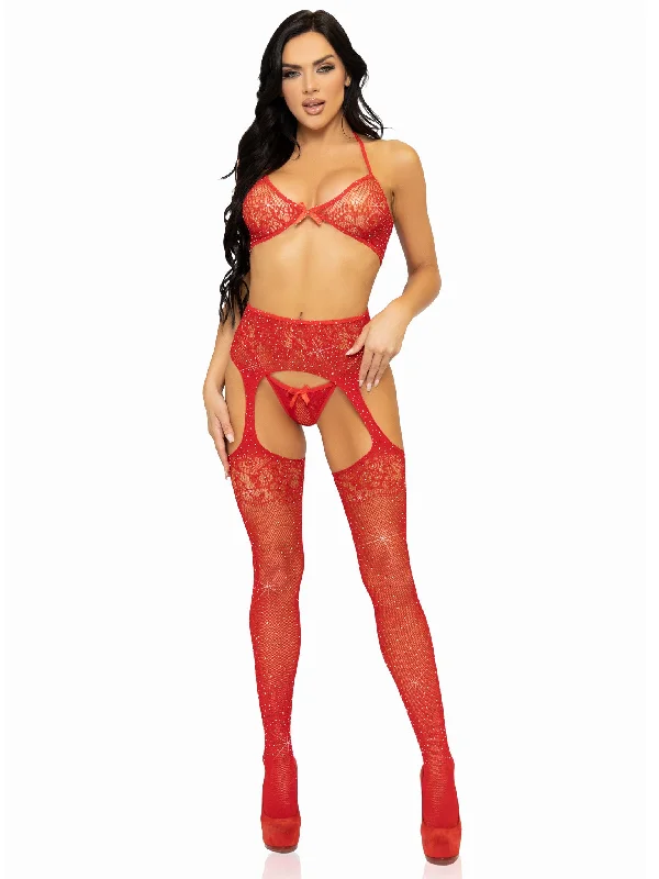 men’s cotton trunks-3 Pc Rhinestone Bra Top, G-String, and Garter Belt Stockings - One Size - Red