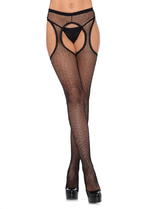 sexy pirate outfit-Fishnet Suspender Hose With Scalloped Trim - One Size - Black