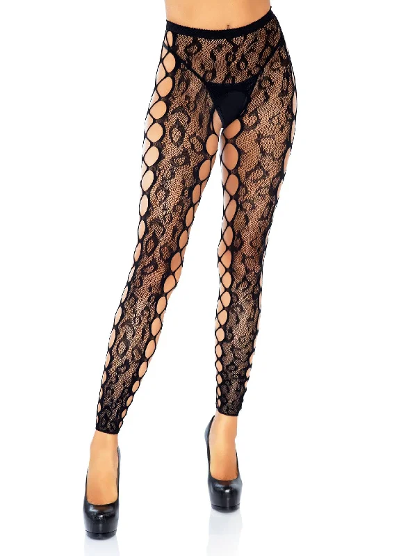 cozy cotton sleepwear-Footless Leopard Lace Crotchless Tights - Black