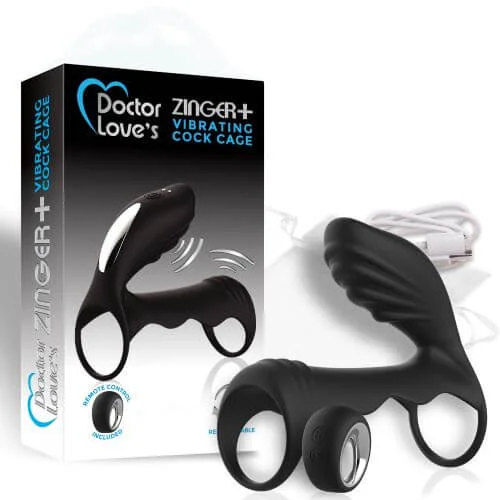 cock ring vibrant grip-Doctor Love Zinger + Vibrating Rechargeable Cock Cage with Remote Control Black