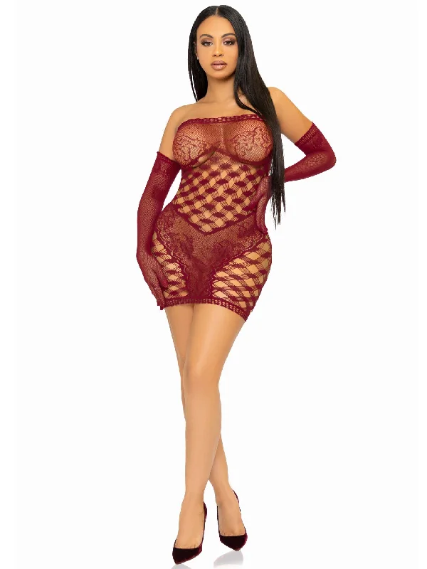 soft flannel nightie-2 Pc Hardcore Net Tube Dress With Gloves - One Size - Burgundy