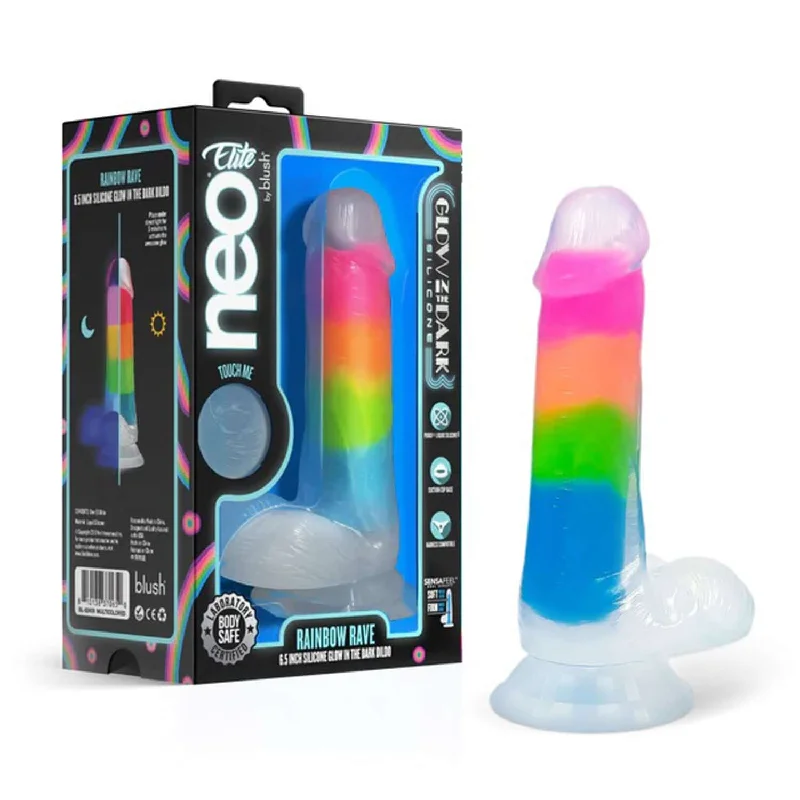 penis-enlargement-truth-revealed-Neo Elite Glow in the Dark Rainbow Rave 6.5 inches Silicone Dual Density Dildo Multicolored