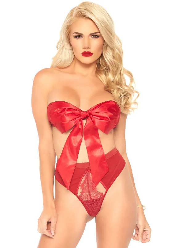 velvet sleepwear red-2 Pc Satin Ribbon Gift Bandeau With Hook-N-Eye Back and Matching G-String - Red - Medium