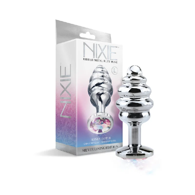 anal toys with sleek base-Nixie Ribbed Metal Butt Plug Honey Dipper Large