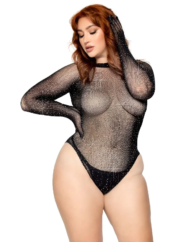 sheer black bra-Rhinestone Snap Crotch Gloved Bodysuit - 1x/2x -  Black