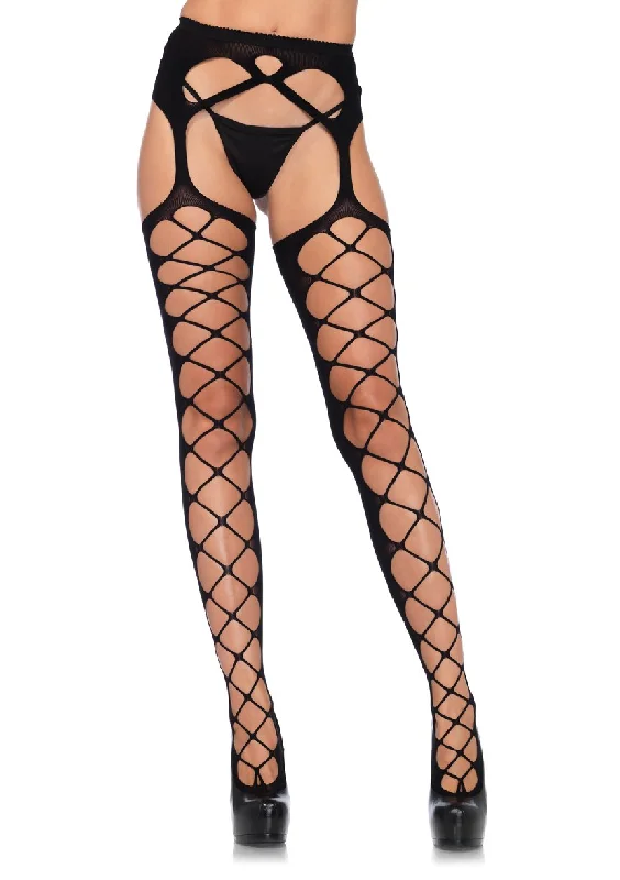 satin thong underwear-Diamond Net Opaque Stockings With Attached Garter - Black - One Size