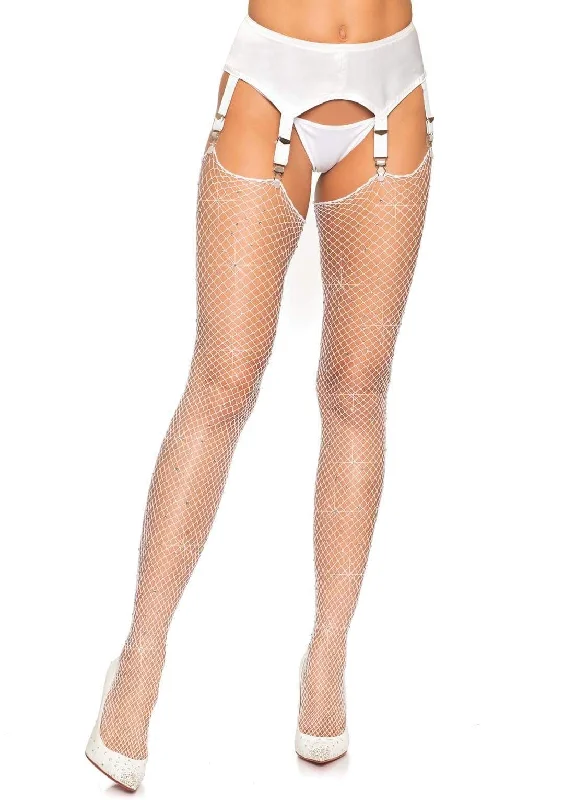 padded strapless bra-Rhinestone Fishnet Stockings - One Size - White