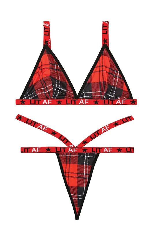 sexy prisoner costume-Lit Af Bralette and Thong Set - Red Plaid - S/m