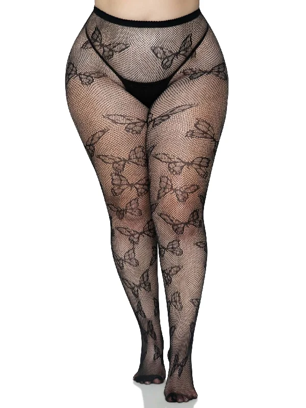 lace-up black teddy-Butterfly Net Tights - 1x/2x - Black