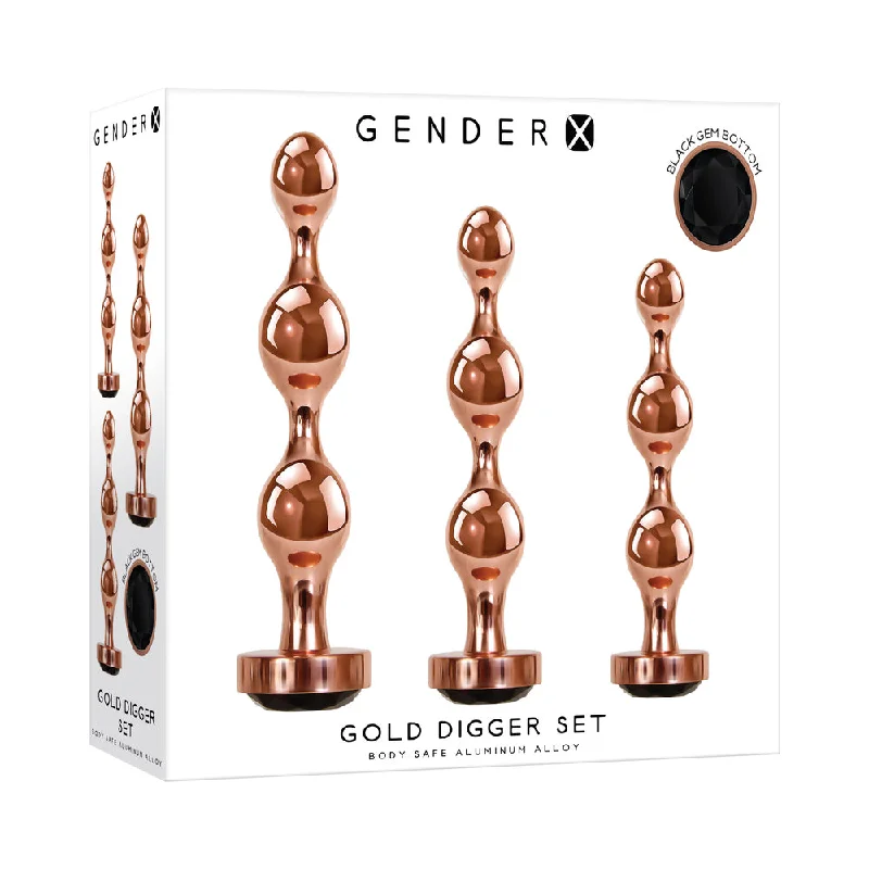 anal toys for slow play-Gender X Gold Digger 3-Piece Rose Gold Beaded Anal Plug With Black Gemstone Base Set