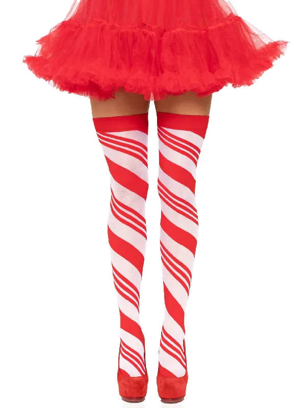 velvet thong black-Candy Cane Thigh High - One Size - White/red