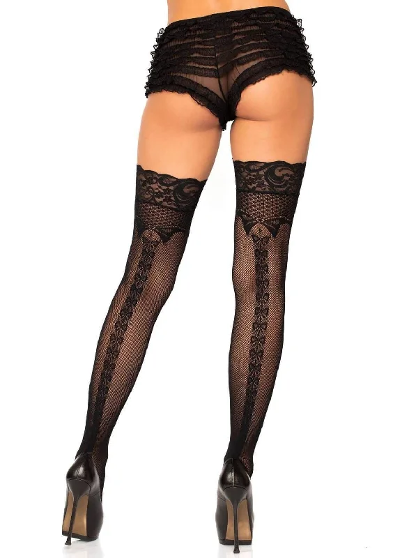 erotic lace sleepwear-Bow Backseam Fishnet Thigh Highs - One Size - Black