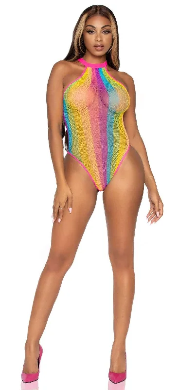 racy white thong-Rainbow Striped Halter Bodysuit With Snap Crotch - One Size - Multicolor