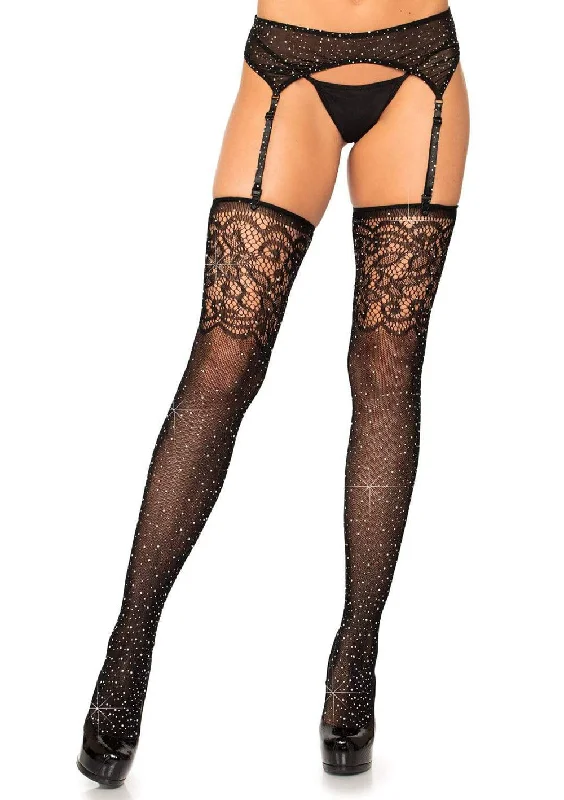 satin sleep bra-Rhinestone Lace Top Fishnet Stockings - One Size - Black