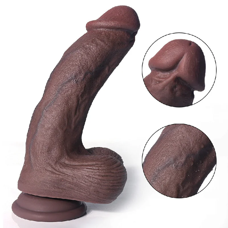 Dildo-labeled-FN85-3 Realistic Soft Coffee Color Liquid Silicone Vein Texture Suction Cup Dildo with Balls 6-9 Inch (3 Size)