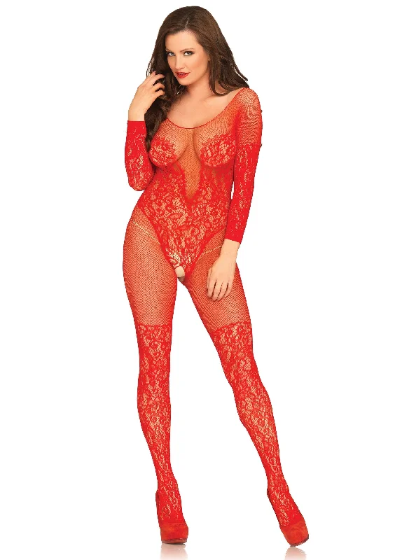 men’s silk jockstrap-Vine Lace & Net Long Sleeved Bodystocking - One  Size - Red