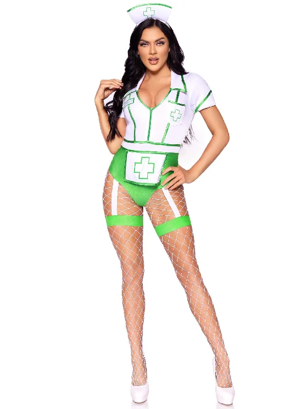 fishnet teddy black-Nurse Feelgood Sexy Costume - Small - White/green