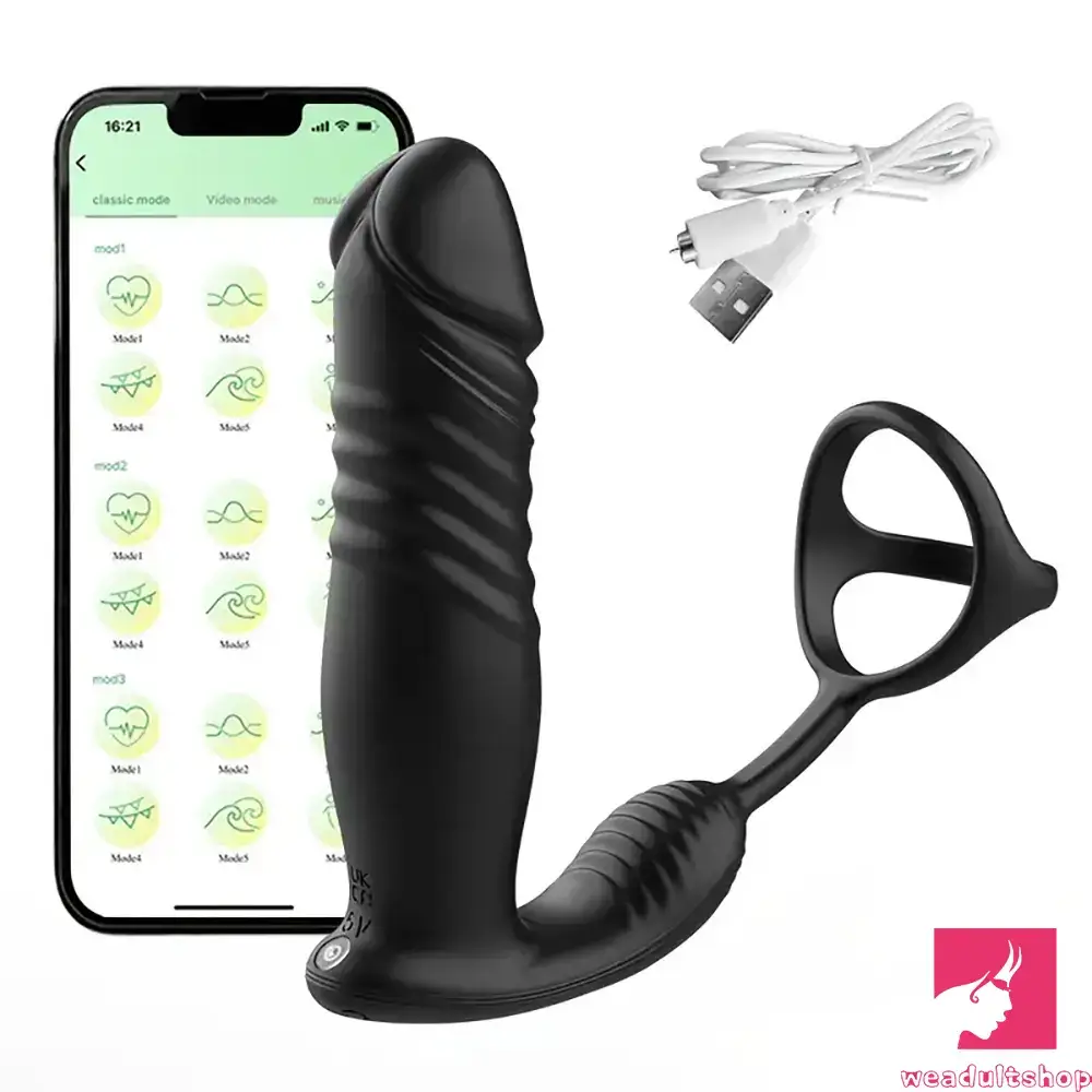 Dildo-electric-5.91in Black Auto Vibrating Thrusting APP Controlled Dildo With Penis Ring