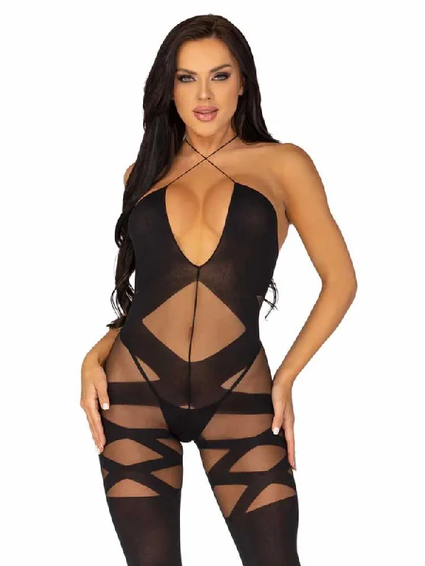 lace-up satin teddy-Feels Like Love Opaque Bodystocking - One Size -  Black