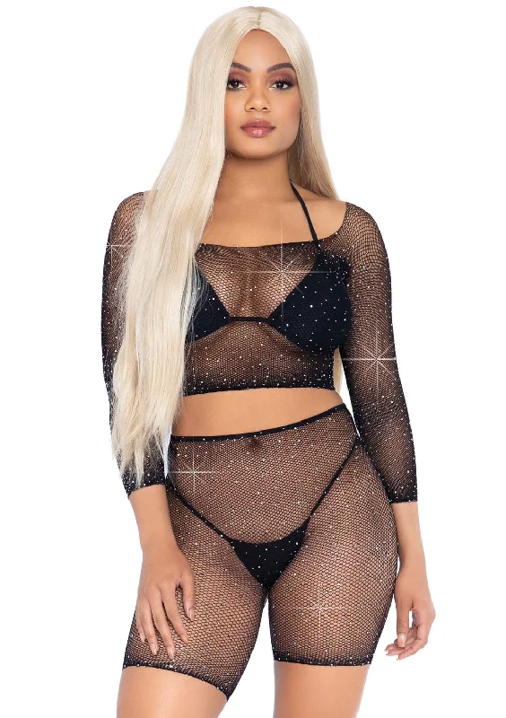 silk sleep gown-2 Pc Rhinestone Fishnet Crop Top and Biker  Shorts - Black - One Size