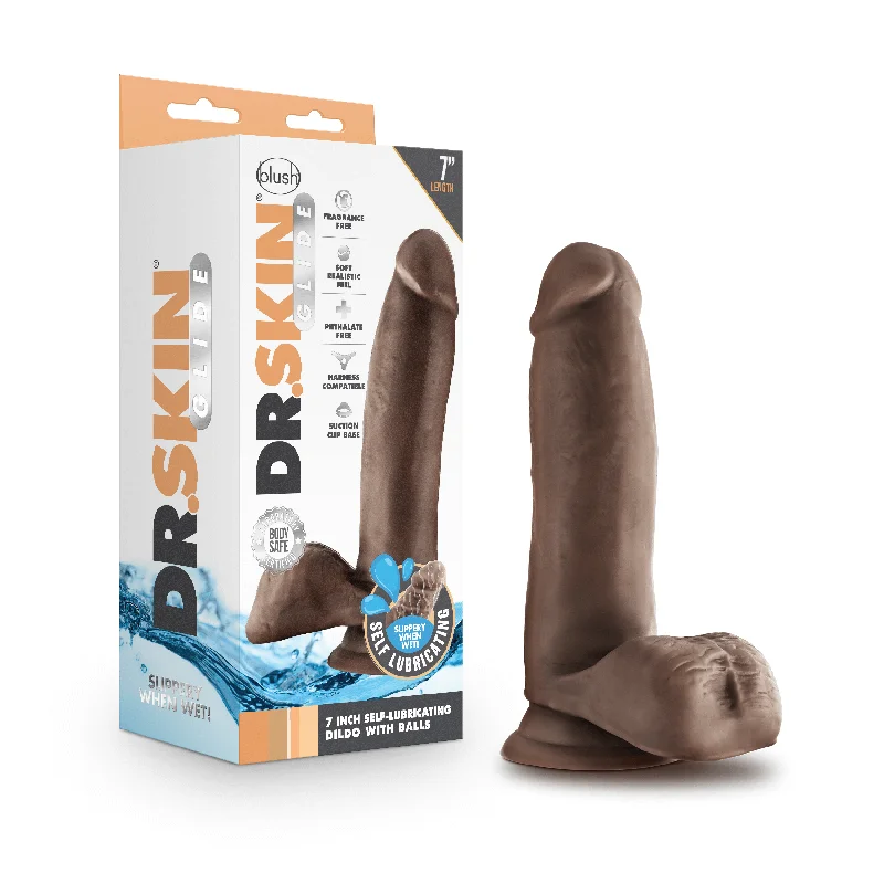 how-to-measure-penis-properly-Dr. Skin Glide - 7 Inch Self Lubricating Dildo  With Balls - Chocolate