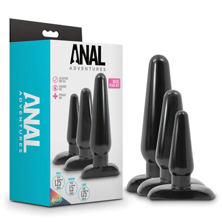 anal toys with soft base-Blush Anal Adventures 3-Piece Basic Plug Kit Black