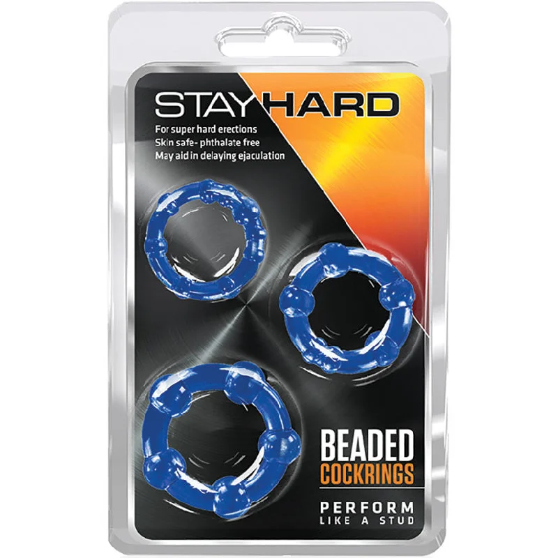 cock ring quick fit-Stay Hard Beaded Penis Cock Rings - Blue (3-Piece)