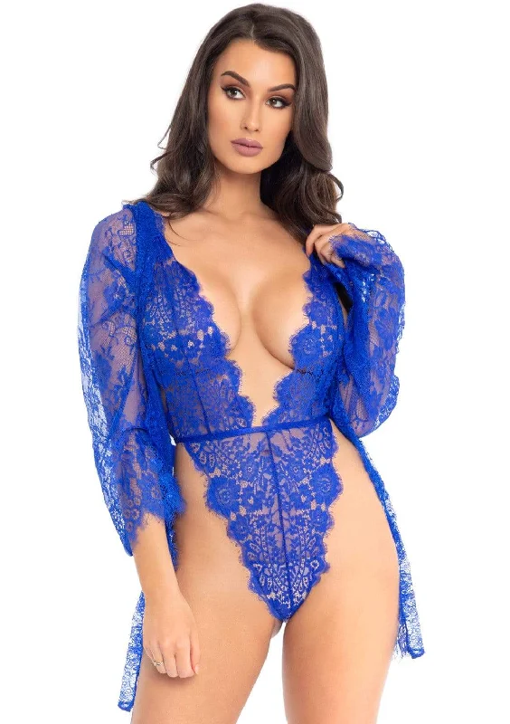 breathable velvet underwear-3pc Lace Teddy and Robe Set - Royal Blue - Large