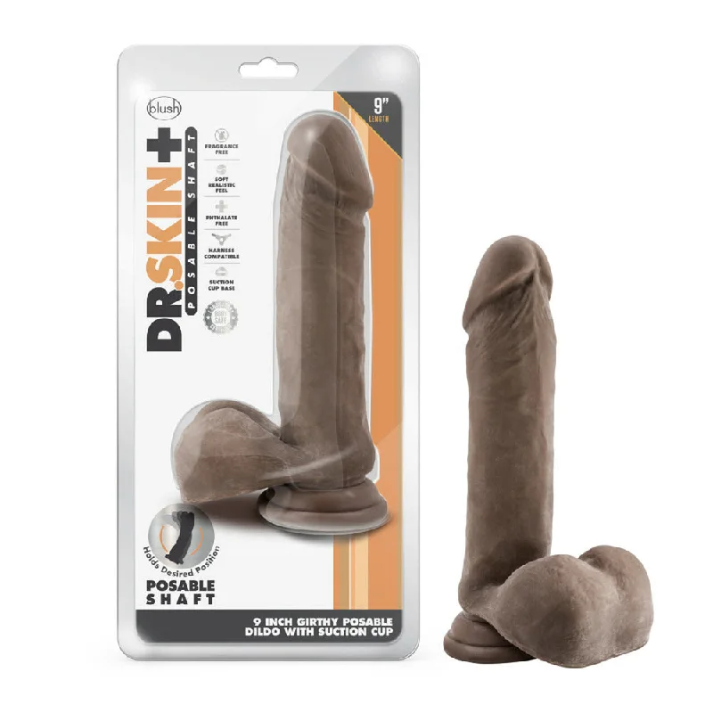 Dildo-wired-Dr. Skin Plus 9" Thick Posable Dildo With Balls Chocolate