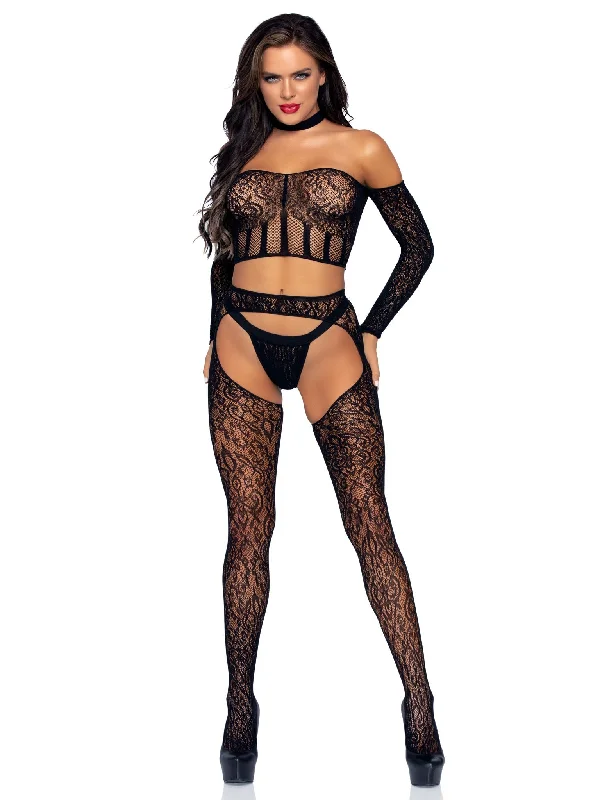 padded lace bra-3 Pc. Halter Choker Crop Top, Suspender Hose, and  G-String - One Size - Black