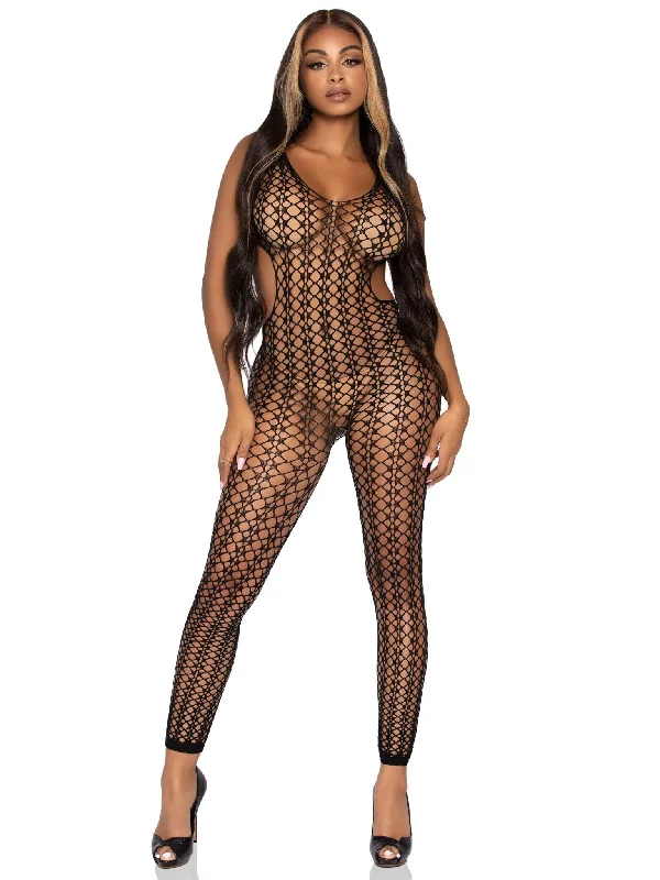 satin bra red-Lattice Net Footless Bodystocking - One Size - Black